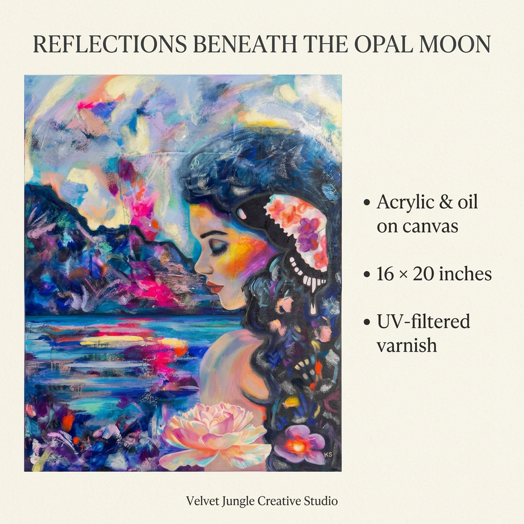 Reflections Beneath the Opal Moon: 16 × 20-inch acrylic and oil painting on canvas with UV-filtered varnish.
