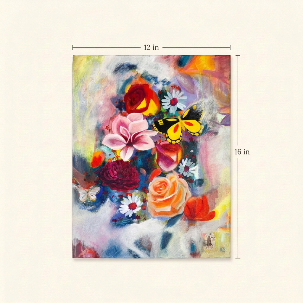 Size guide for The Wild Within, showing the full floral and yellow butterfly painting with dimensions of 12 inches wide by 16 inches high.