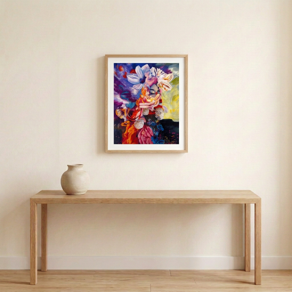 Dreamscape Print in a light oak frame above an oak console with an ivory vase against a warm ivory wall.