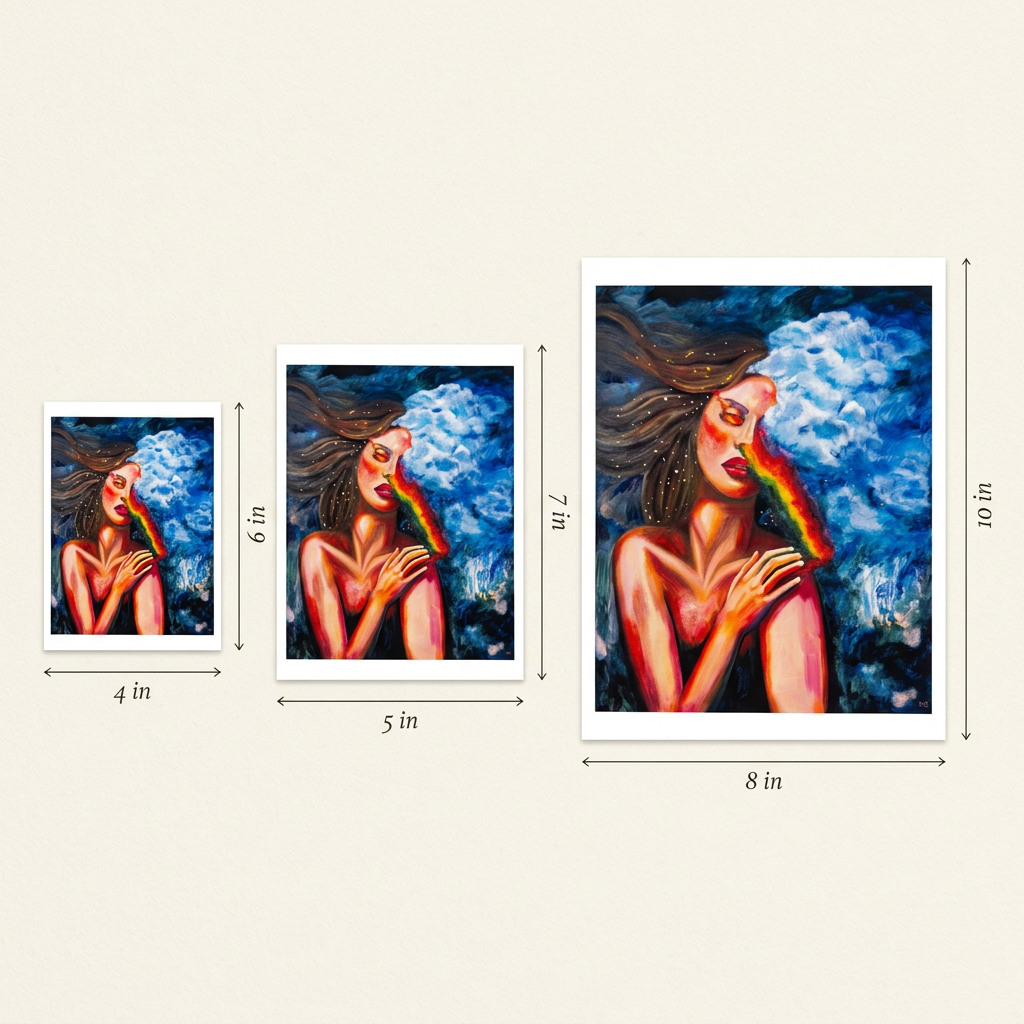 Visionary Soul Print size guide comparing 4 × 6, 5 × 7 and 8 × 10 inch portrait prints with dimension labels on a warm ivory background.