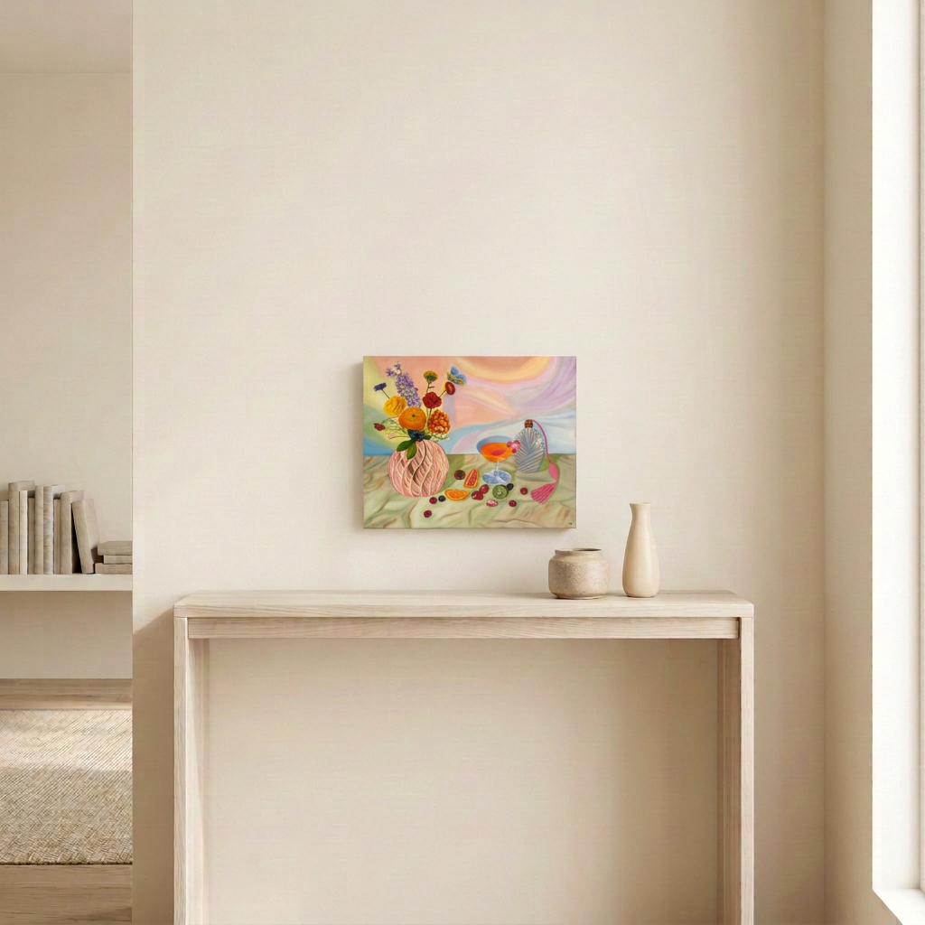 Succulent Prosperity Volume 1 room mockup: the original landscape still life painting of a pink vase of flowers, a cocktail glass, a perfume bottle and scattered fruit shown unframed above a console table in a neutral room