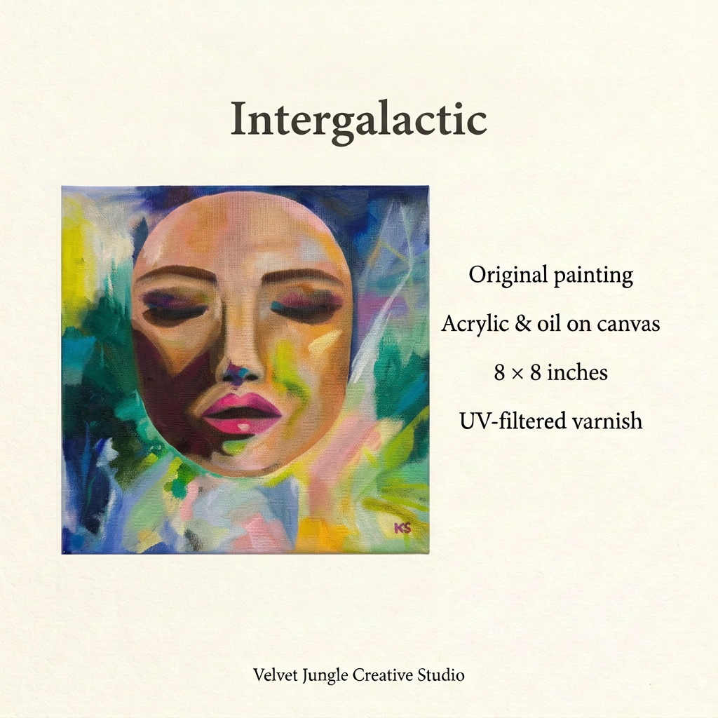 Intergalactic details: original acrylic and oil painting on 8 × 8-inch canvas, finished with UV-filtered varnish.