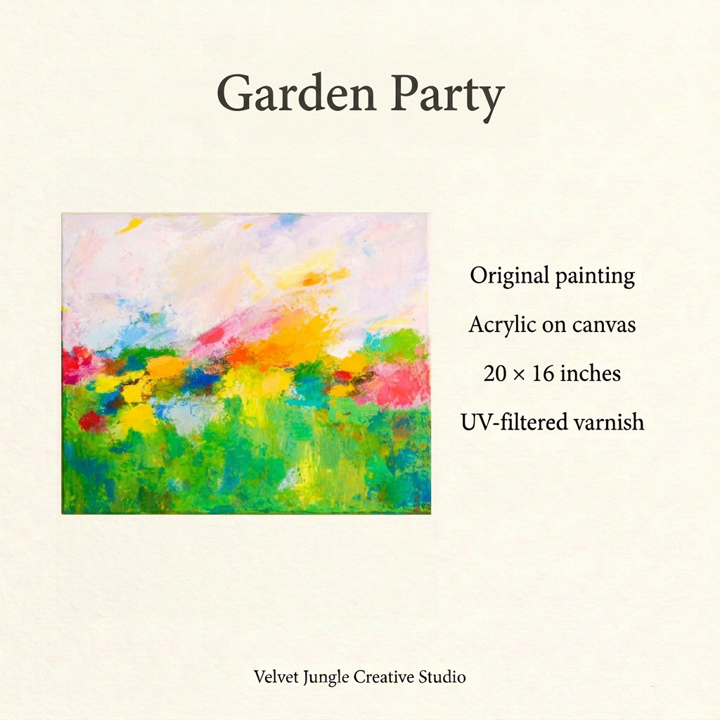 Garden Party details card showing the full colourful abstract painting beside its specifications: original acrylic on canvas, 20 by 16 inches, with UV-filtered varnish.