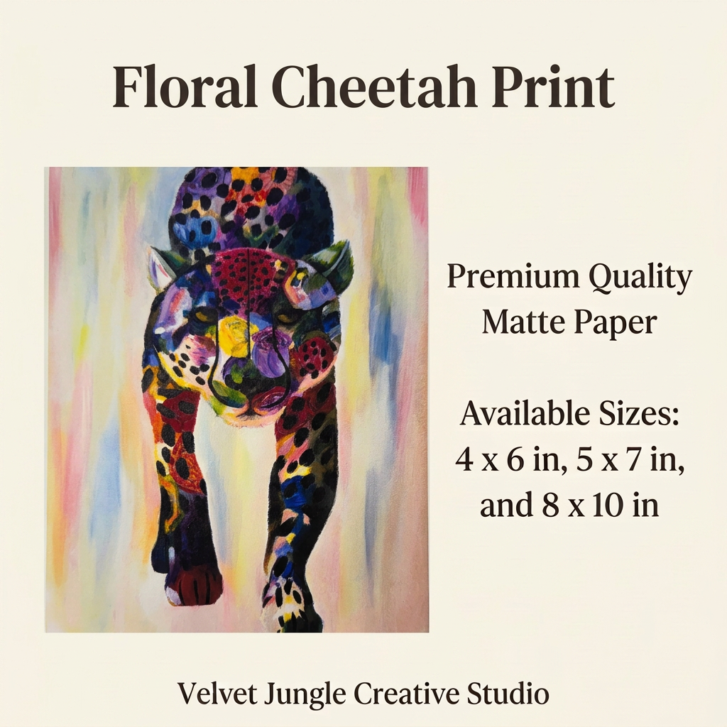 Floral Cheetah Print details card showing the full colourful cheetah artwork, premium quality matte paper and available sizes of 4 × 6, 5 × 7 and 8 × 10 inches.