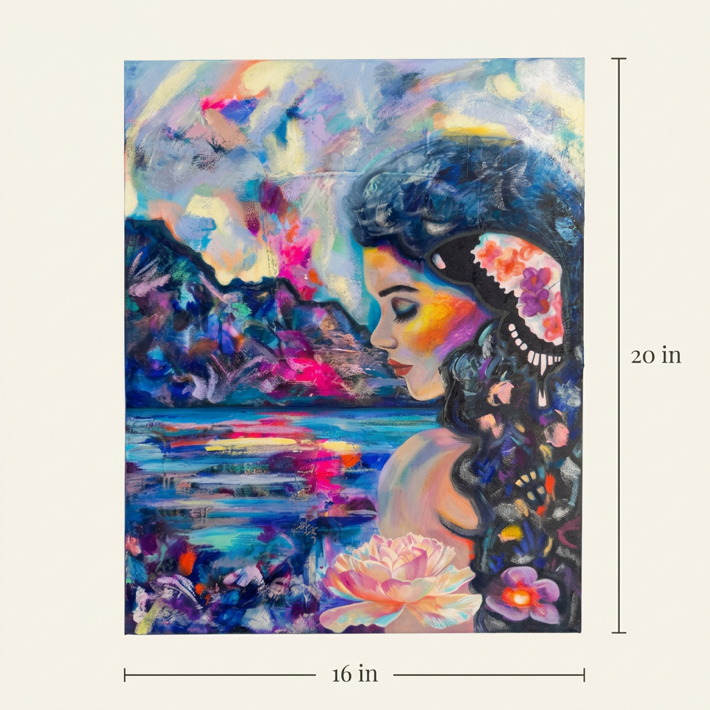 Reflections Beneath the Opal Moon size guide showing the full painting, 16 inches wide by 20 inches high.