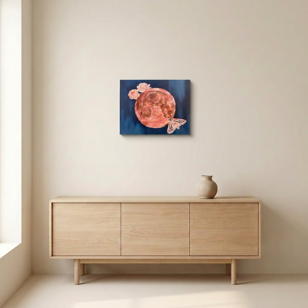 Rose Quartz, a 20-inch-wide by 16-inch-high landscape painting of a pink moon, roses and moth on deep blue, shown unframed above a pale oak sideboard.