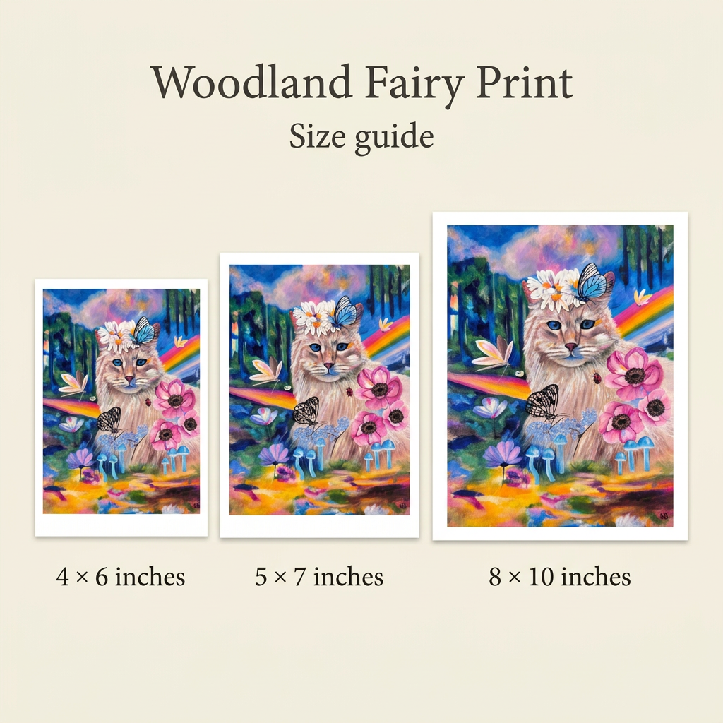 Woodland Fairy Print size guide comparing 4 × 6, 5 × 7 and 8 × 10 inch prints.