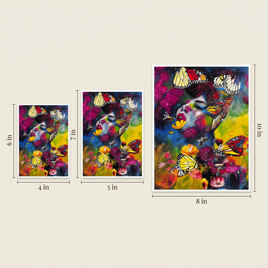 Butterflies and Rocketships Print size guide comparing 4 × 6, 5 × 7 and 8 × 10 inch portrait prints with width and height labels.