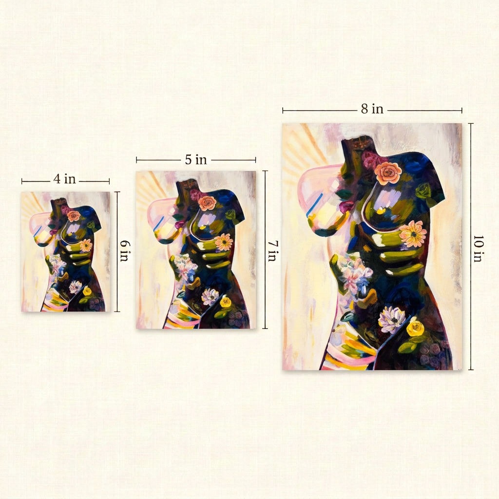 Torso Volume 1 Print size guide showing three portrait prints with width and height labels for 4 × 6, 5 × 7 and 8 × 10 inches.