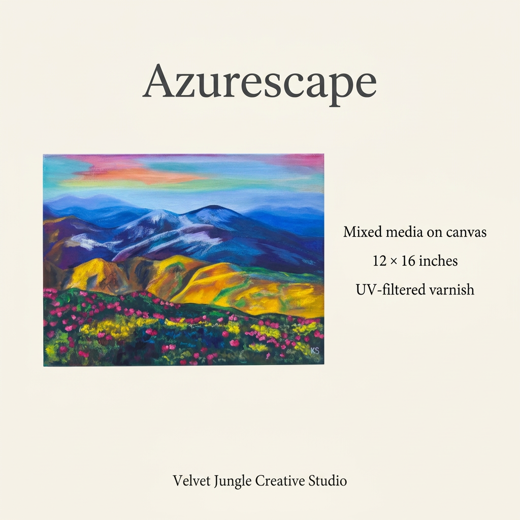 Azurescape details card with the complete blue mountain and flower painting, mixed media on canvas, 12 by 16 inches, and UV-filtered varnish.
