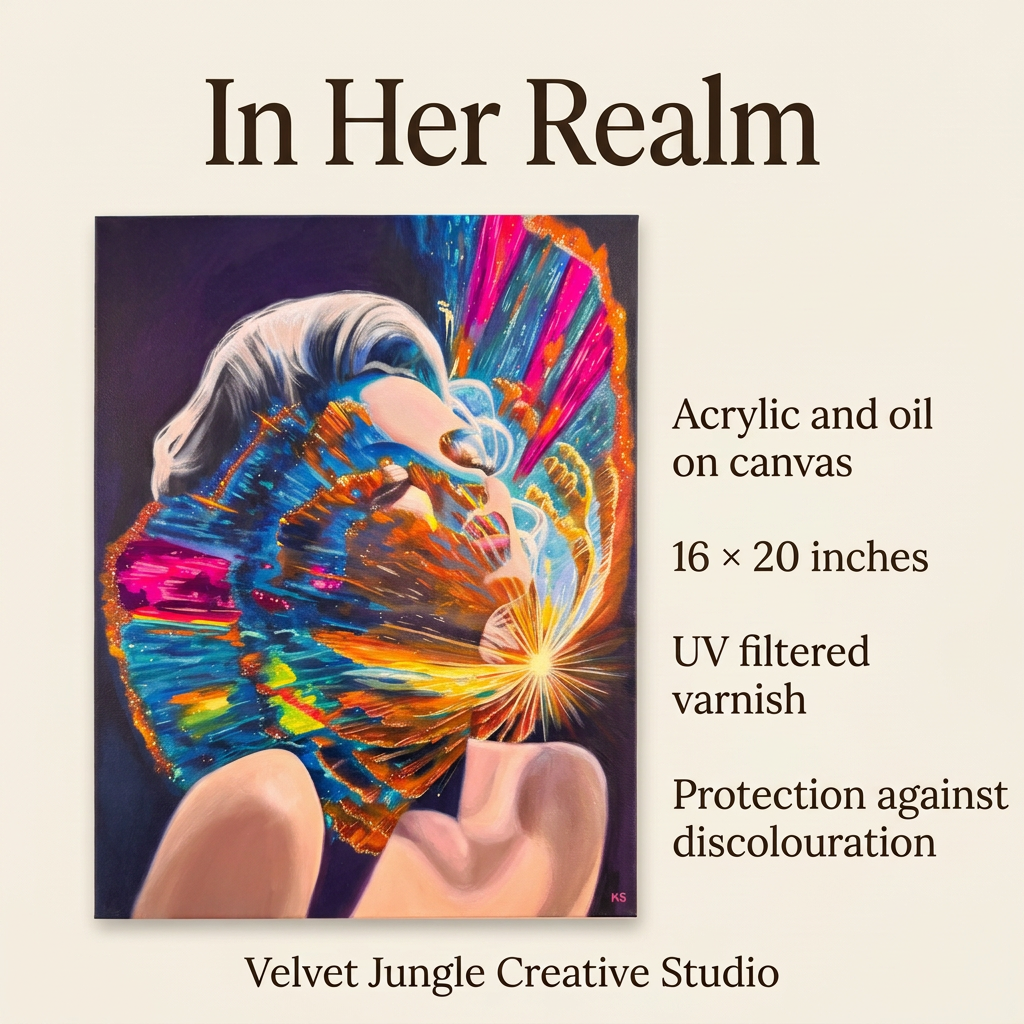 Full In Her Realm painting beside details: acrylic and oil on canvas, 16 × 20 inches, with UV-filtered varnish for protection against discolouration.
