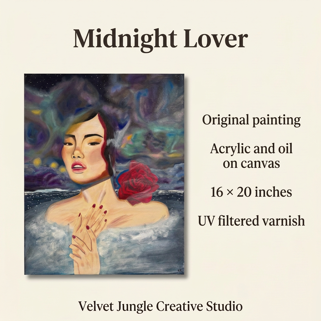 Midnight Lover details card with the full artwork on the left and materials, dimensions and finish on the right