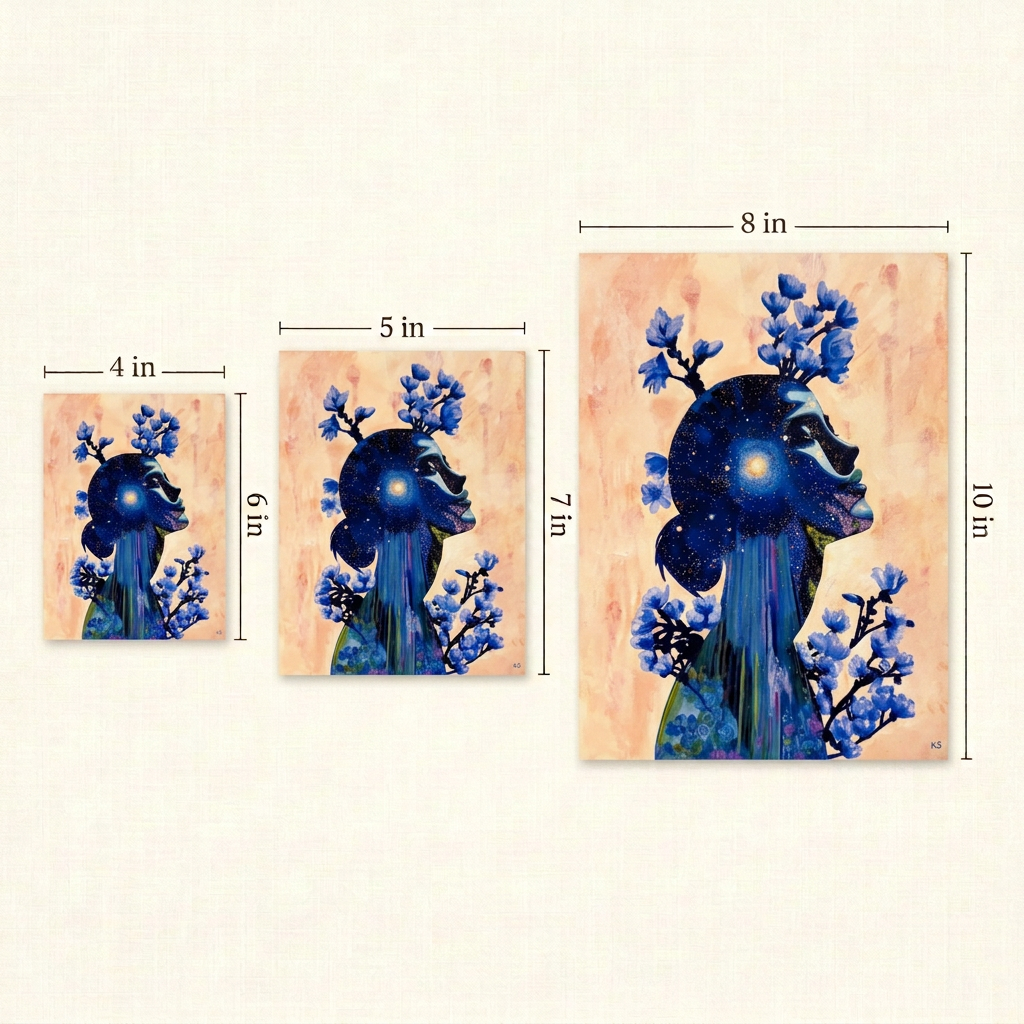 Evening Glisten Print size guide showing three portrait prints with width and height measurements for 4 x 6, 5 x 7 and 8 x 10 inches on an ivory background.