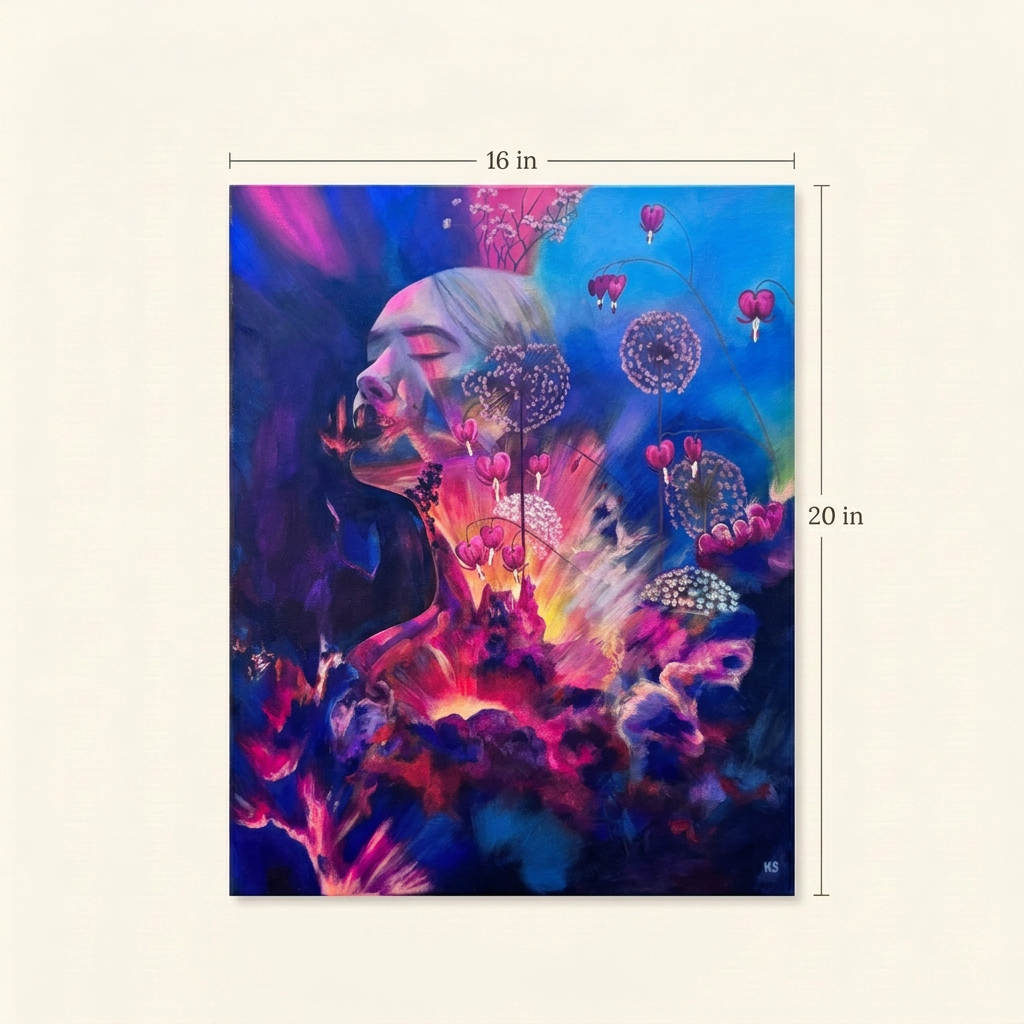 Blazing Heart canvas size guide with dimension labels showing 16 inches wide by 20 inches high.