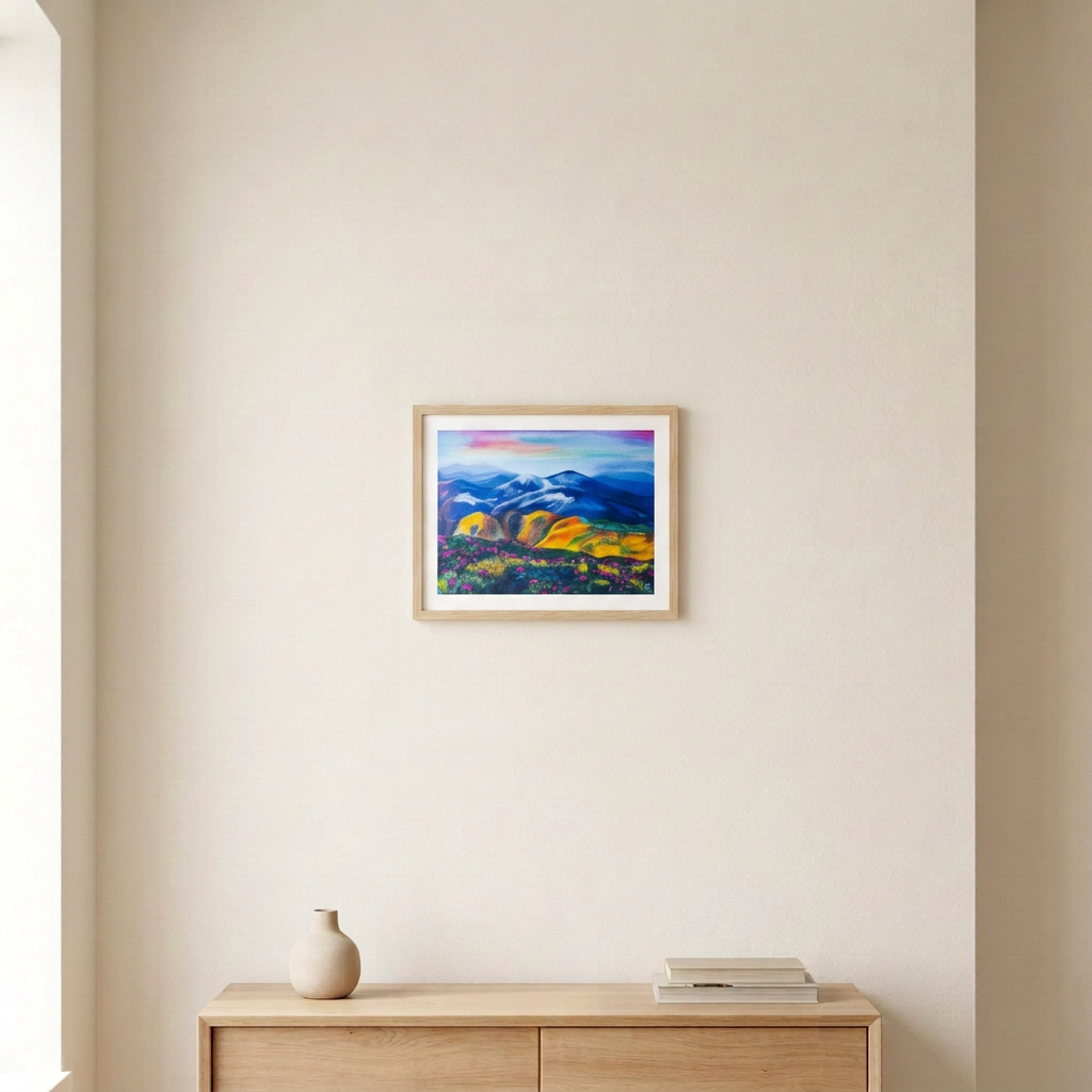 Azurescape Print in a slim light wood frame with a white border hanging above a pale wood console in a warm neutral room