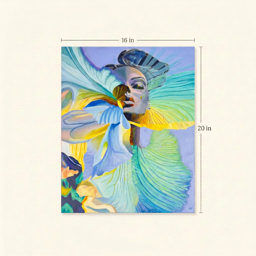 Into The Light size guide showing the full portrait painting with dimensions of 16 inches wide by 20 inches high on an ivory background.