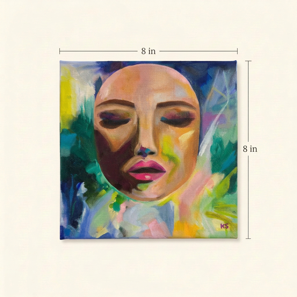 Intergalactic colourful face painting with dimension lines showing its 8 × 8-inch square canvas.