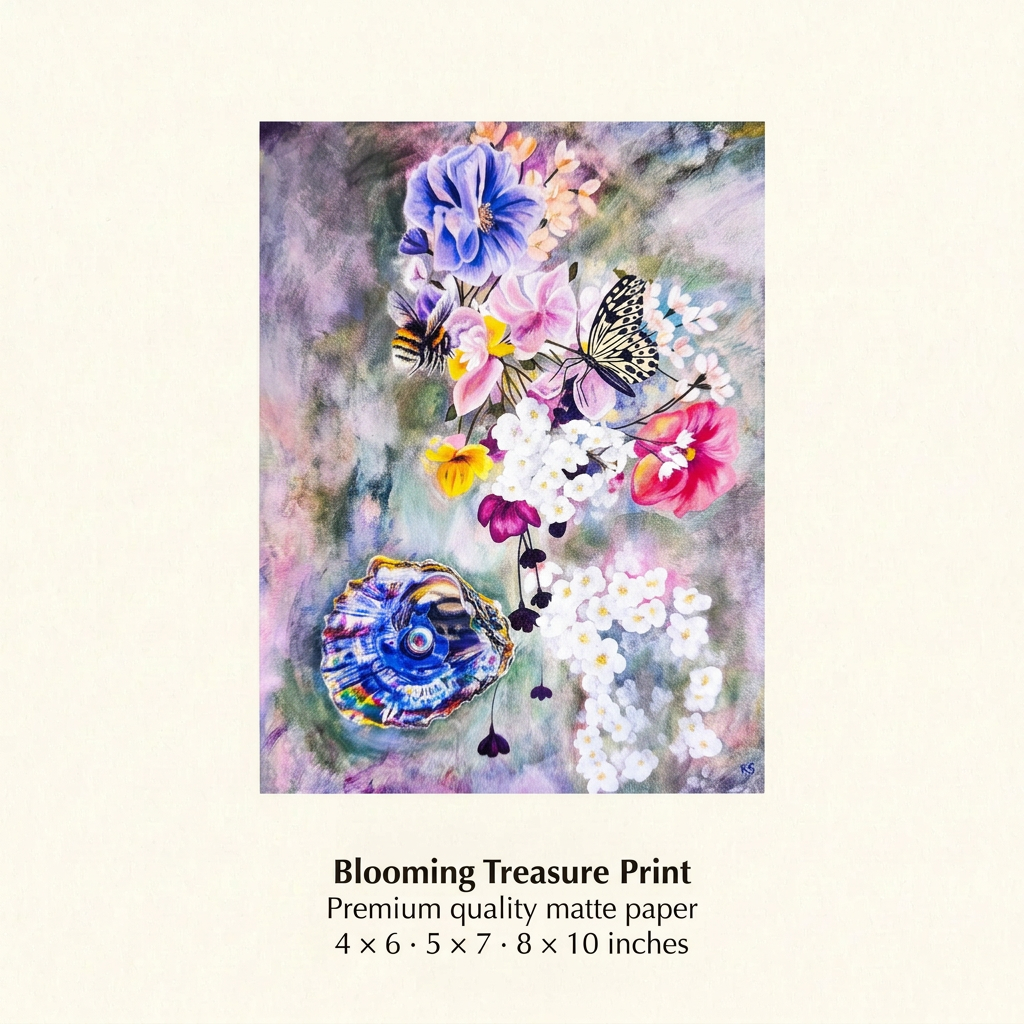 Blooming Treasure floral print on ivory with premium quality matte paper details and sizes 4 × 6, 5 × 7 and 8 × 10 inches.