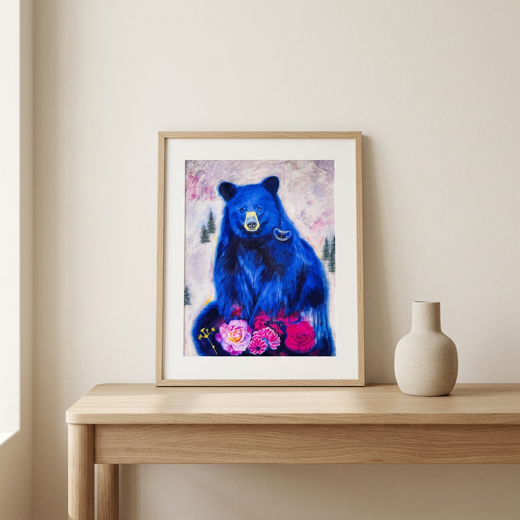 The Silent Bear Of Indigo Moon Print styled in an oak frame on a light wood console against an ivory wall with neutral decor.
