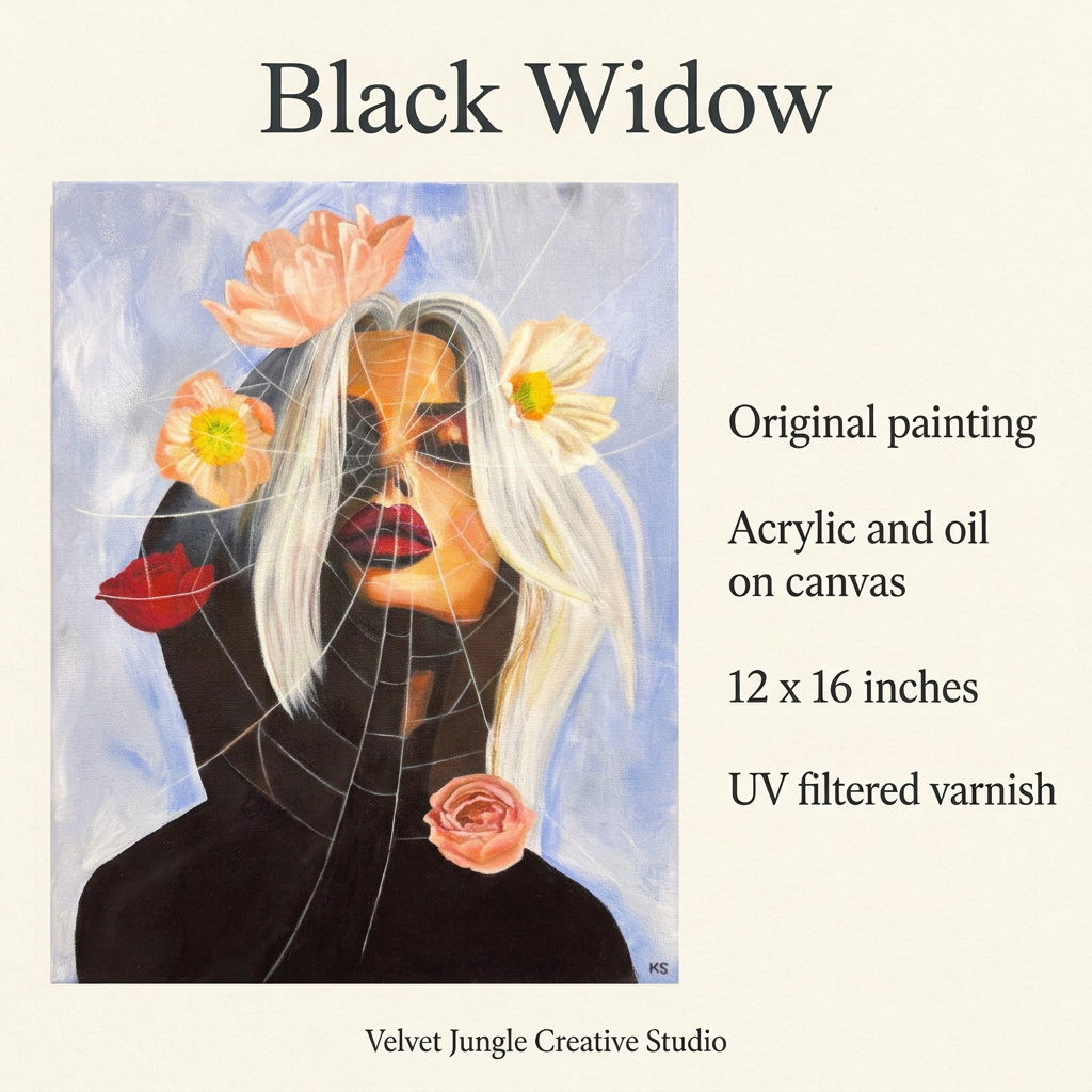 Black Widow details card showing the full artwork beside its specifications: original acrylic and oil painting on canvas, 12 by 16 inches, finished with UV filtered varnish.