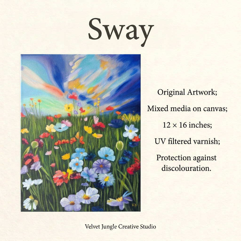 Sway artwork details card showing the full colourful flower painting beside its specifications: mixed media on canvas, 12 × 16 inches, with UV filtered varnish.