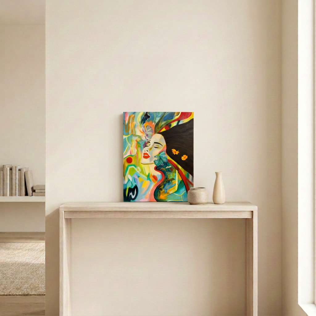 Sunergy original painting displayed on a pale wood console in a neutral room, featuring a woman's face, flowing dark hair and colourful fish.
