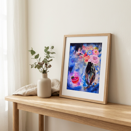 Iridescent Harmony floral print styled in an oak frame on a console against an ivory wall.