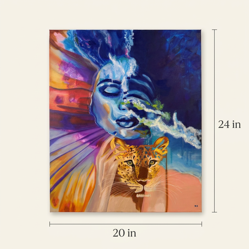 Rising Wild size guide showing the full painting with dimensions of 20 inches wide by 24 inches high.