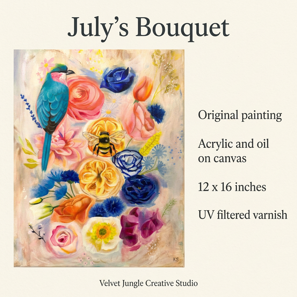 Details card for July's Bouquet showing the full floral painting beside its details: original painting, acrylic and oil on canvas, 12 x 16 inches, UV filtered varnish