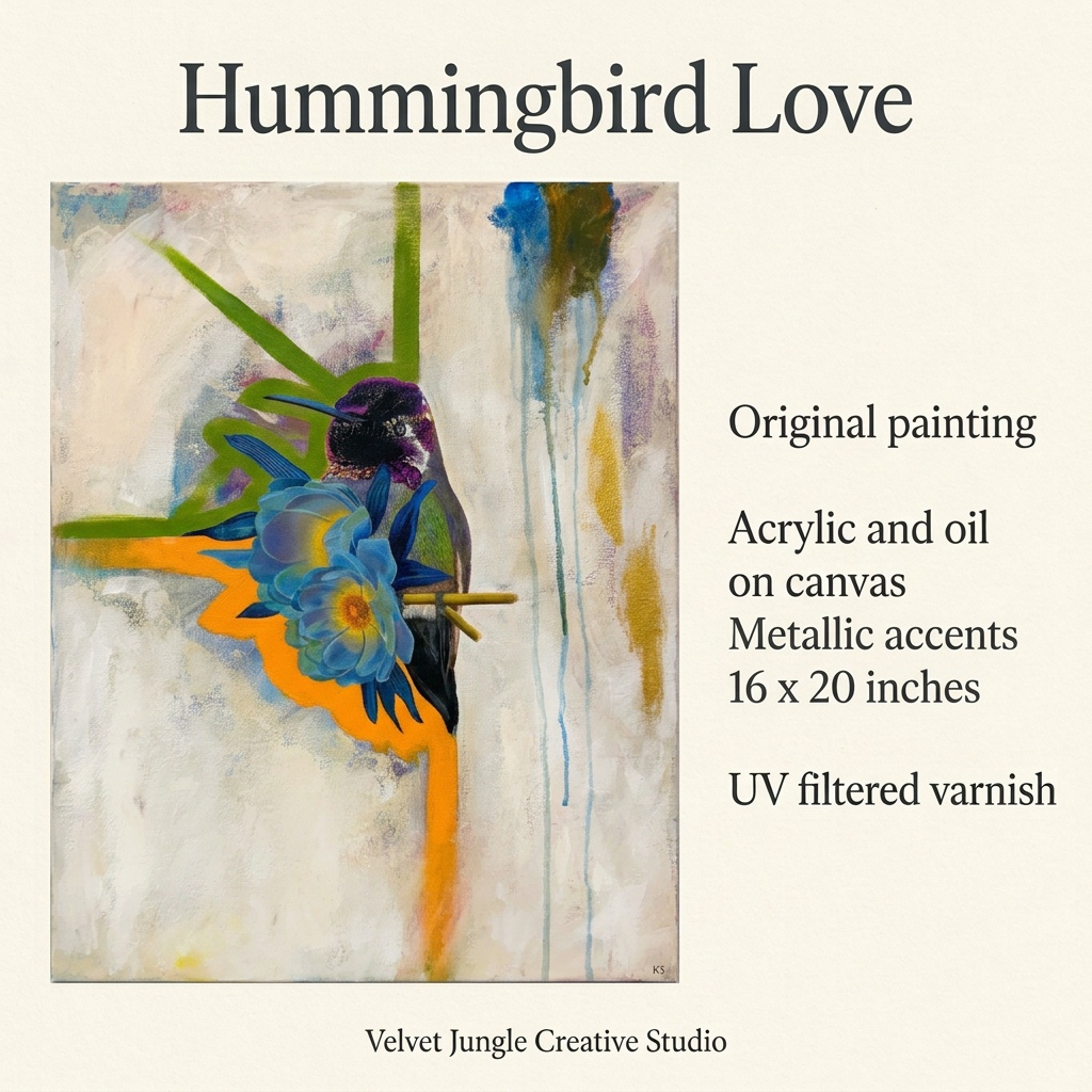 Hummingbird Love details card showing the full original painting beside its specifications: acrylic and oil on canvas, metallic accents, 16 × 20 inches, and UV filtered varnish.