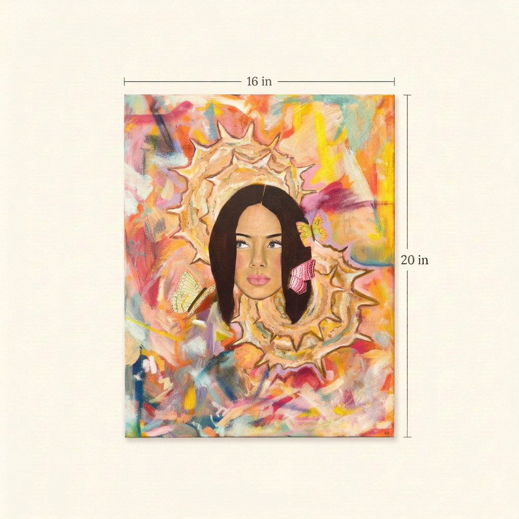 Sunny Seychelles size guide showing the complete colourful portrait painting, 16 inches wide by 20 inches high.