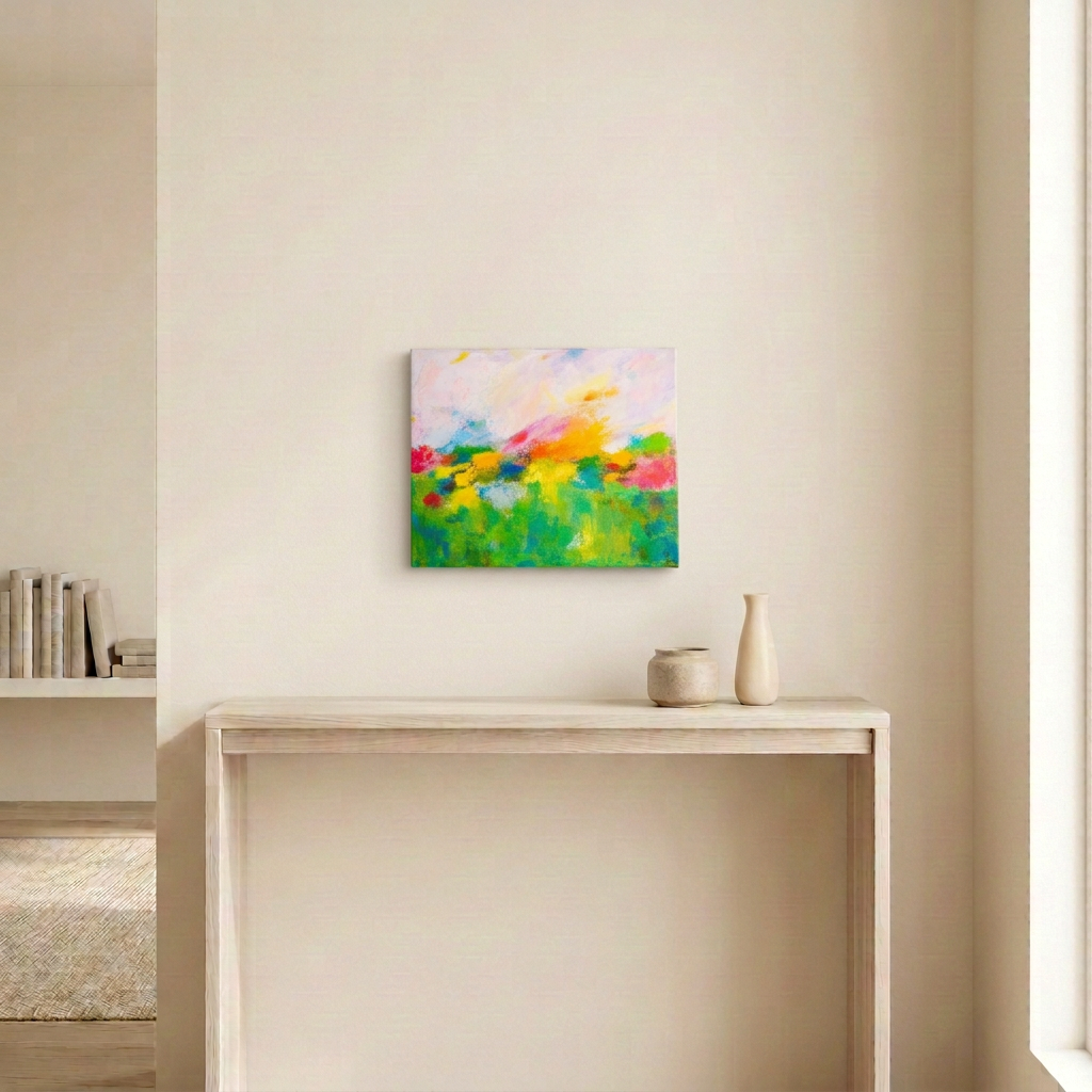 Garden Party, a colourful landscape abstract painting, displayed unframed above a pale wood console in a neutral room.