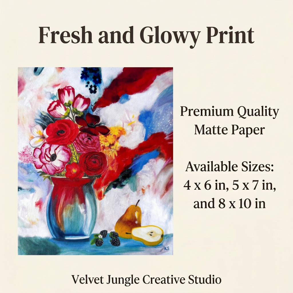 Fresh and Glowy Print details card with the full floral still life on the left and premium quality matte paper and sizes 4 × 6, 5 × 7 and 8 × 10 inches on the right.