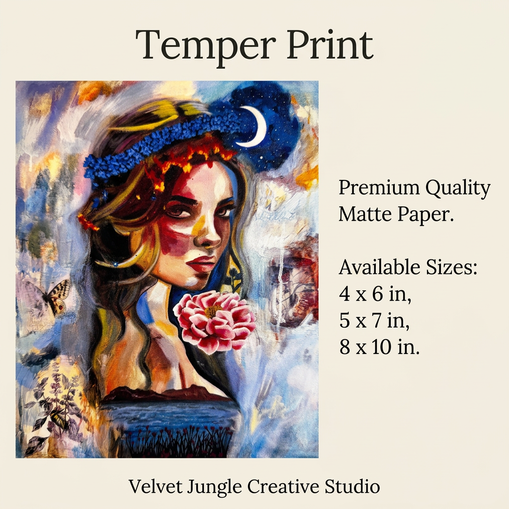 Temper Print details card showing the full artwork, premium quality matte paper and available sizes of 4 × 6, 5 × 7 and 8 × 10 inches.