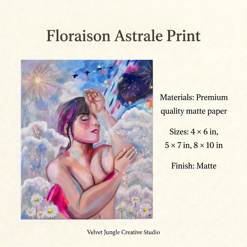 Floraison Astrale Print details card listing premium quality matte paper, sizes 4 by 6, 5 by 7 and 8 by 10 inches, and a matte finish