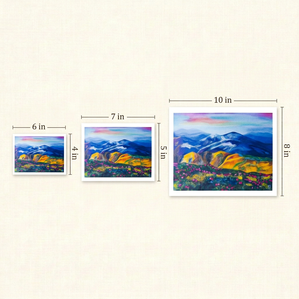 Size guide showing the Azurescape Print mountain and wildflower artwork in 6 x 4 in, 7 x 5 in, and 10 x 8 in sizes side by side on a warm ivory background