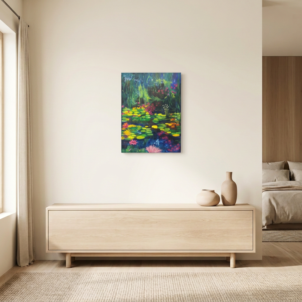 Midnight Stroll, an unframed pond painting with vibrant lily pads and flowers, displayed above a pale wood console in a neutral room.