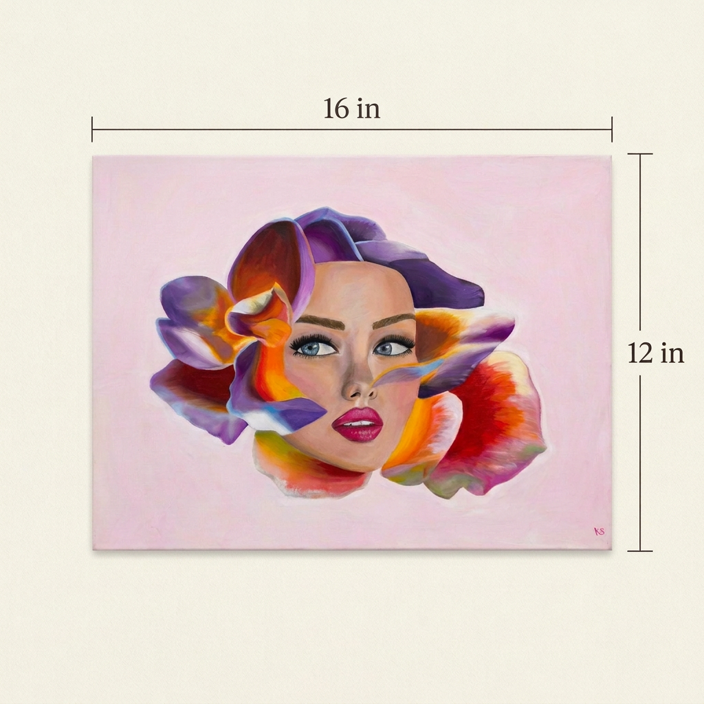 Fleur Forte Volume 2 size guide showing the complete landscape artwork, 16 inches wide by 12 inches high, on an ivory background.
