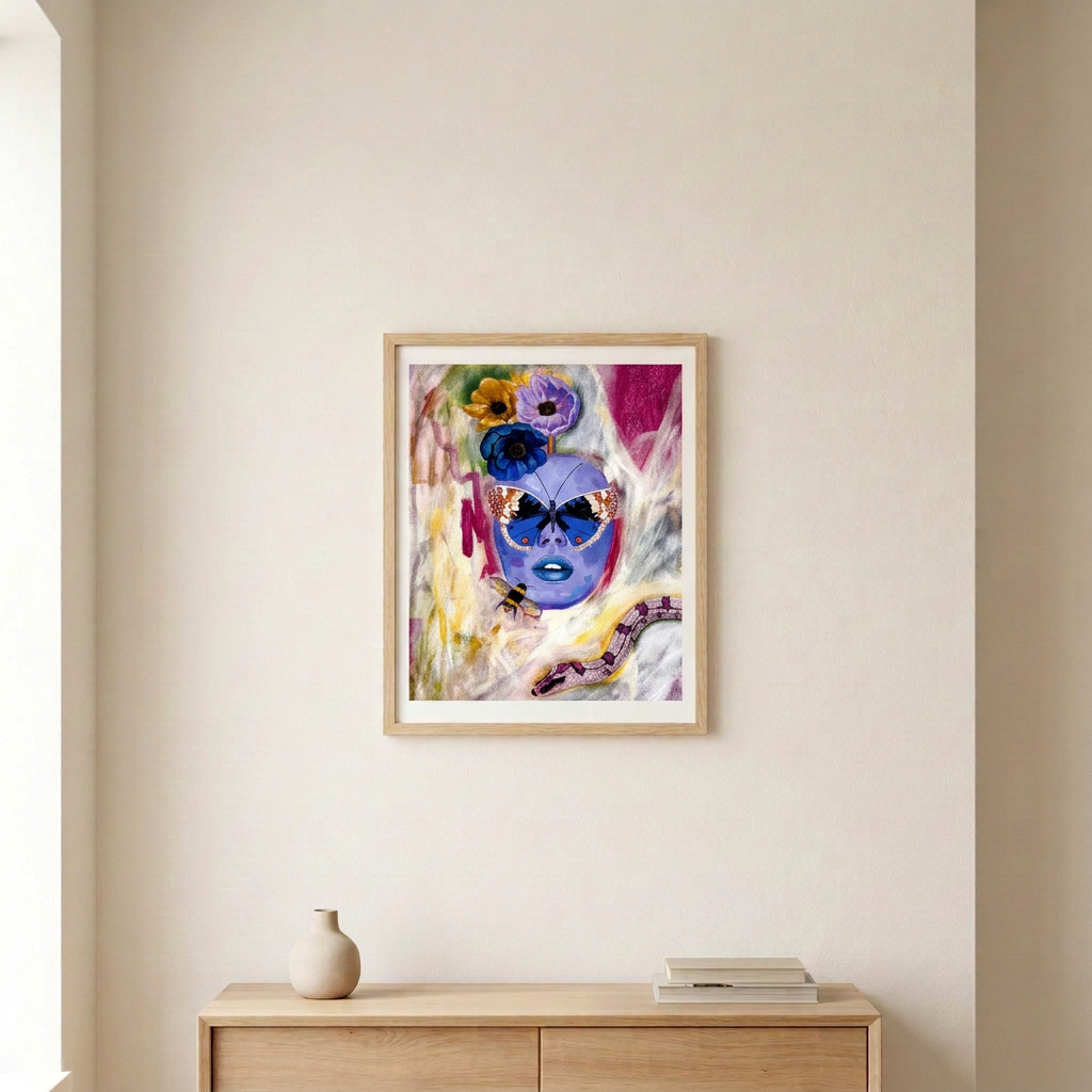 Ethereal Creature Print in a slim light wood frame with a white border above a pale wood console in a neutral room.