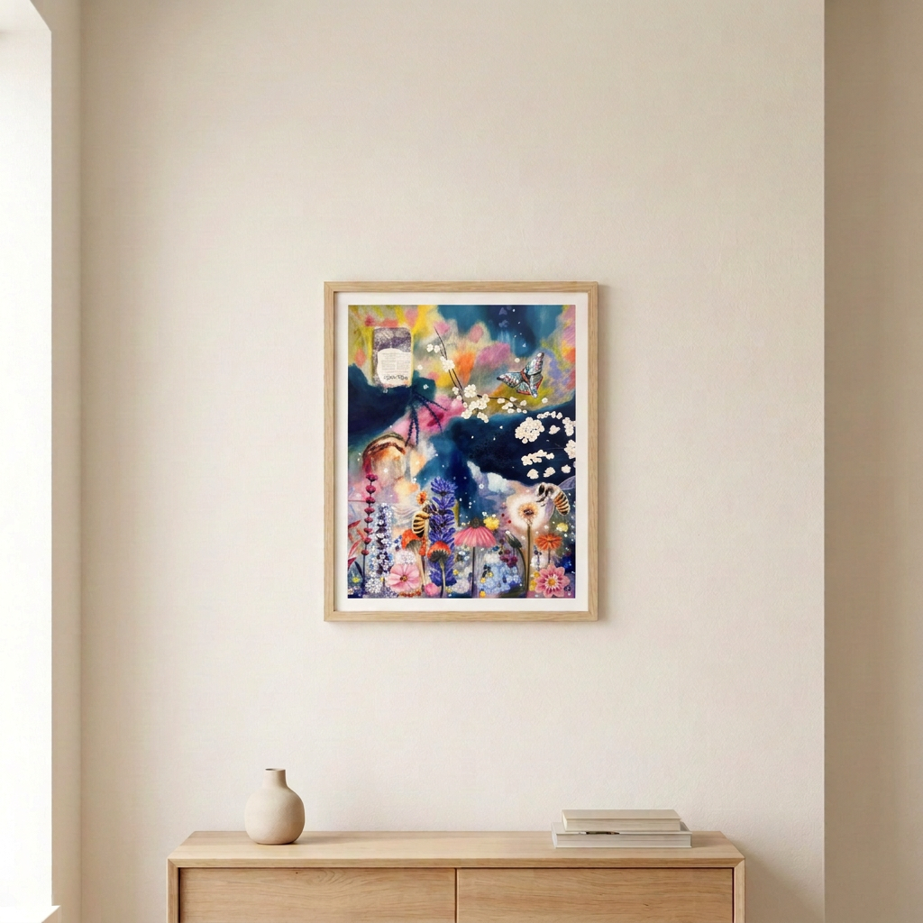 When The Hot Sun Burns Print, featuring colourful flowers, bees and a butterfly, in a slim light wood frame above a pale wood console.