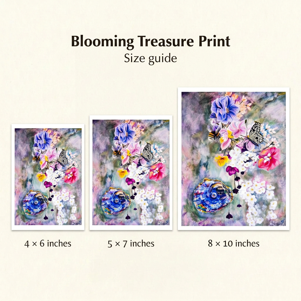 Blooming Treasure Print size guide comparing 4 × 6, 5 × 7 and 8 × 10 inch prints on a warm ivory background.