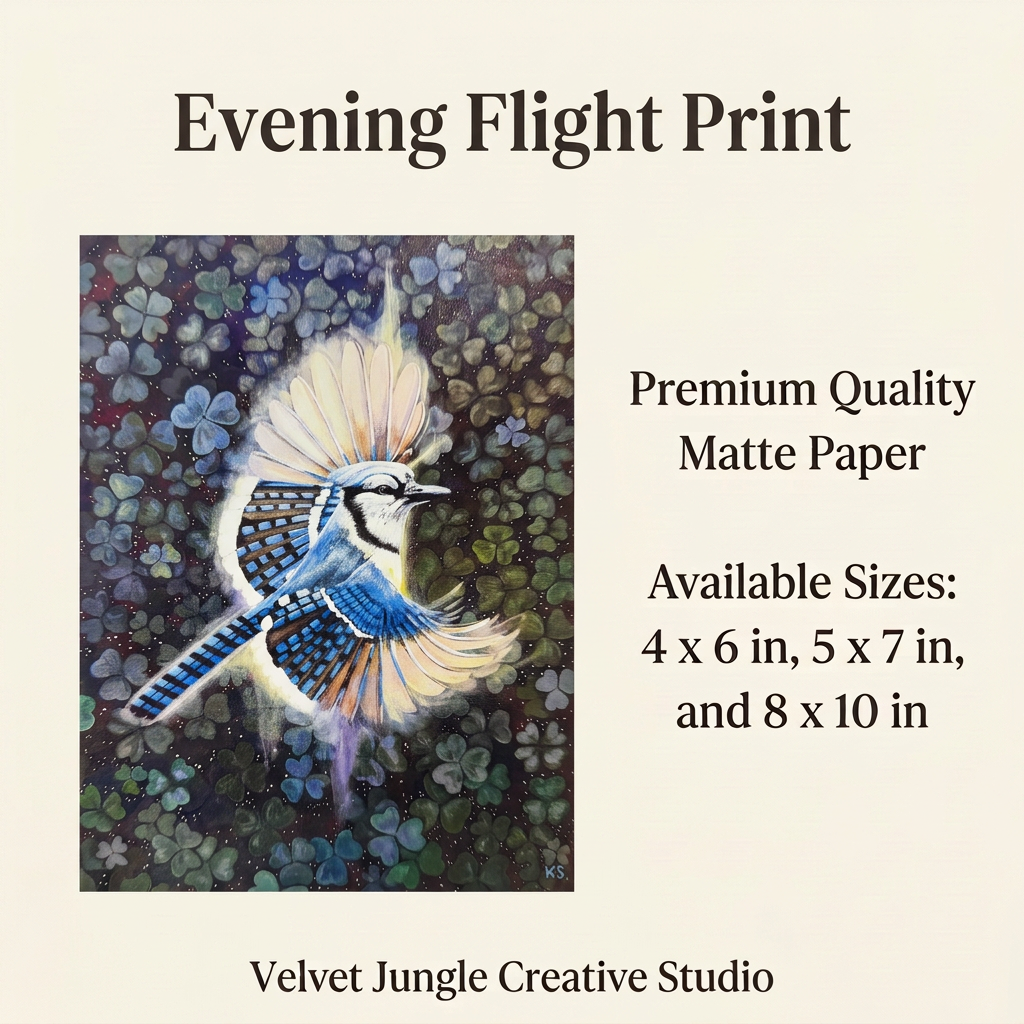 Details card for Evening Flight Print showing the full blue jay artwork beside its details: premium quality matte paper, available in 4 x 6 in, 5 x 7 in, and 8 x 10 in