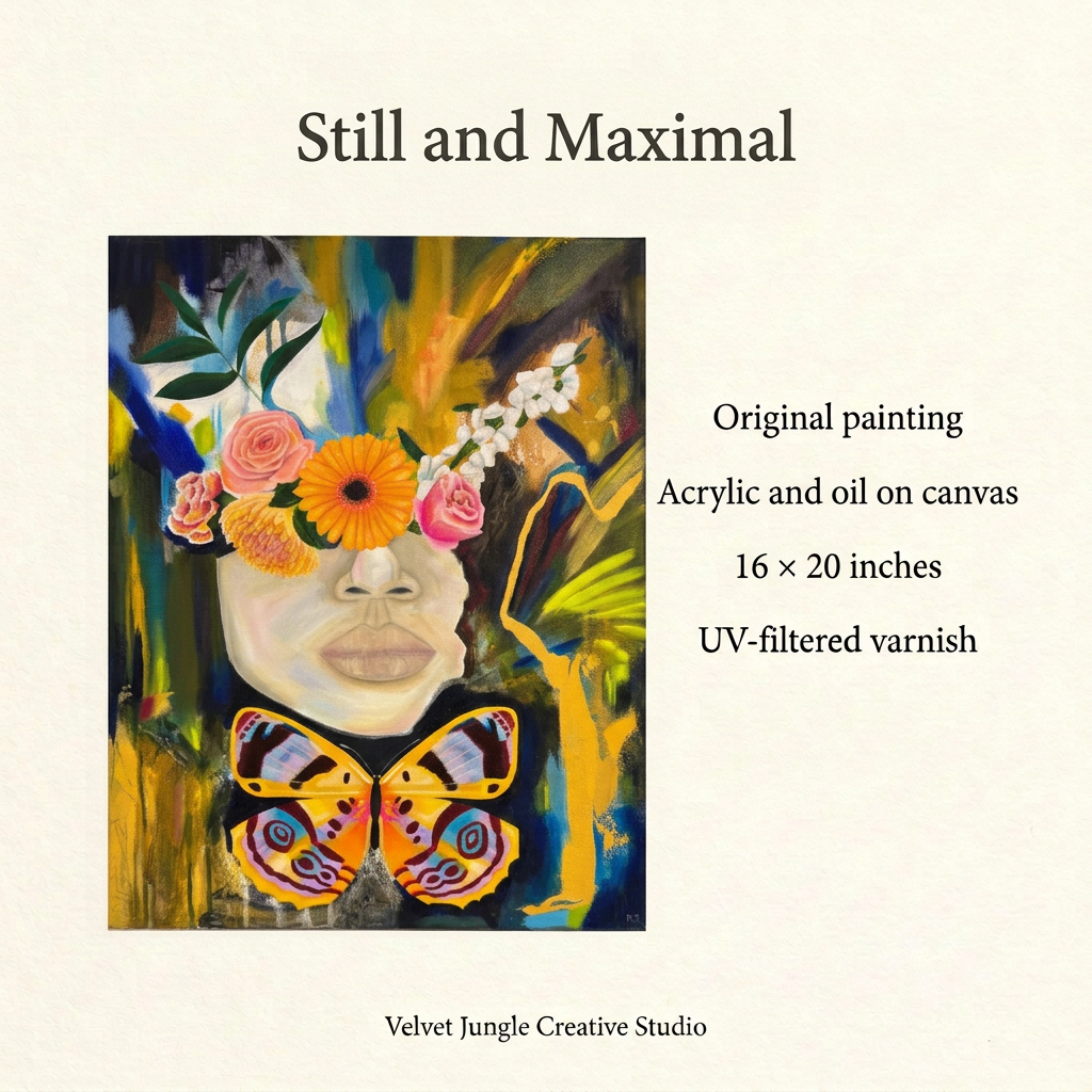 Still and Maximal details card showing the full painting, acrylic and oil on canvas, 16 × 20 inches, finished with UV-filtered varnish, by Velvet Jungle Creative Studio.