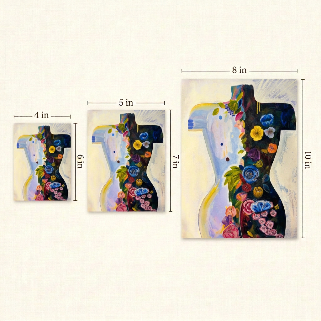 Torso Volume 2 Print size guide showing the complete floral torso artwork in three portrait sizes: 4 × 6, 5 × 7, and 8 × 10 inches.