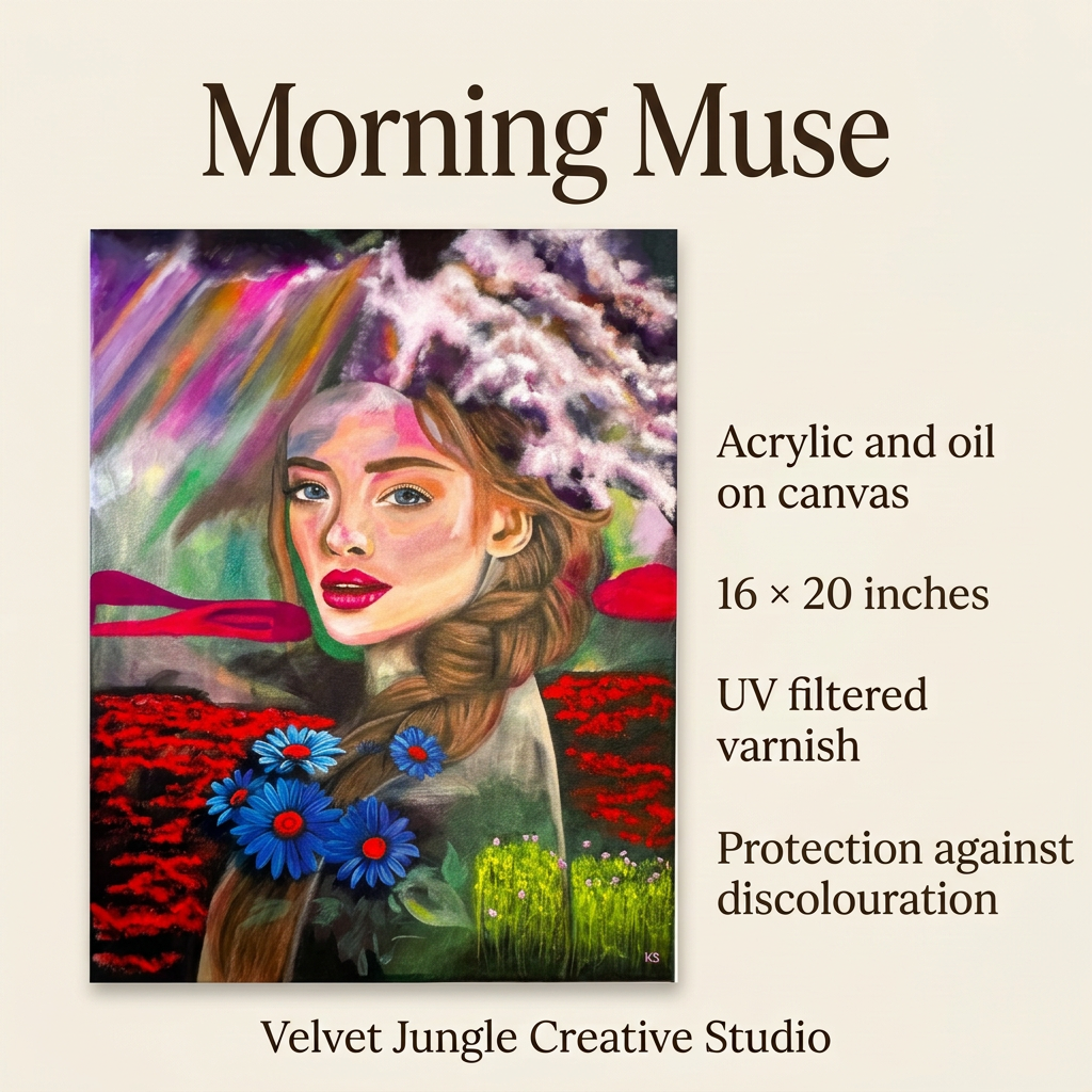 Full Morning Muse portrait beside details: acrylic and oil on canvas, 16 × 20 inches, and UV-filtered varnish for protection against discolouration.