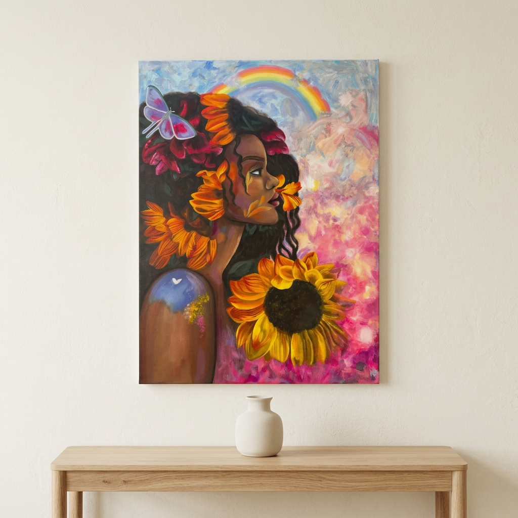 Sweet Sky original canvas painting hanging unframed on a warm ivory wall above a light oak console table with a single ivory ceramic vase, full artwork visible