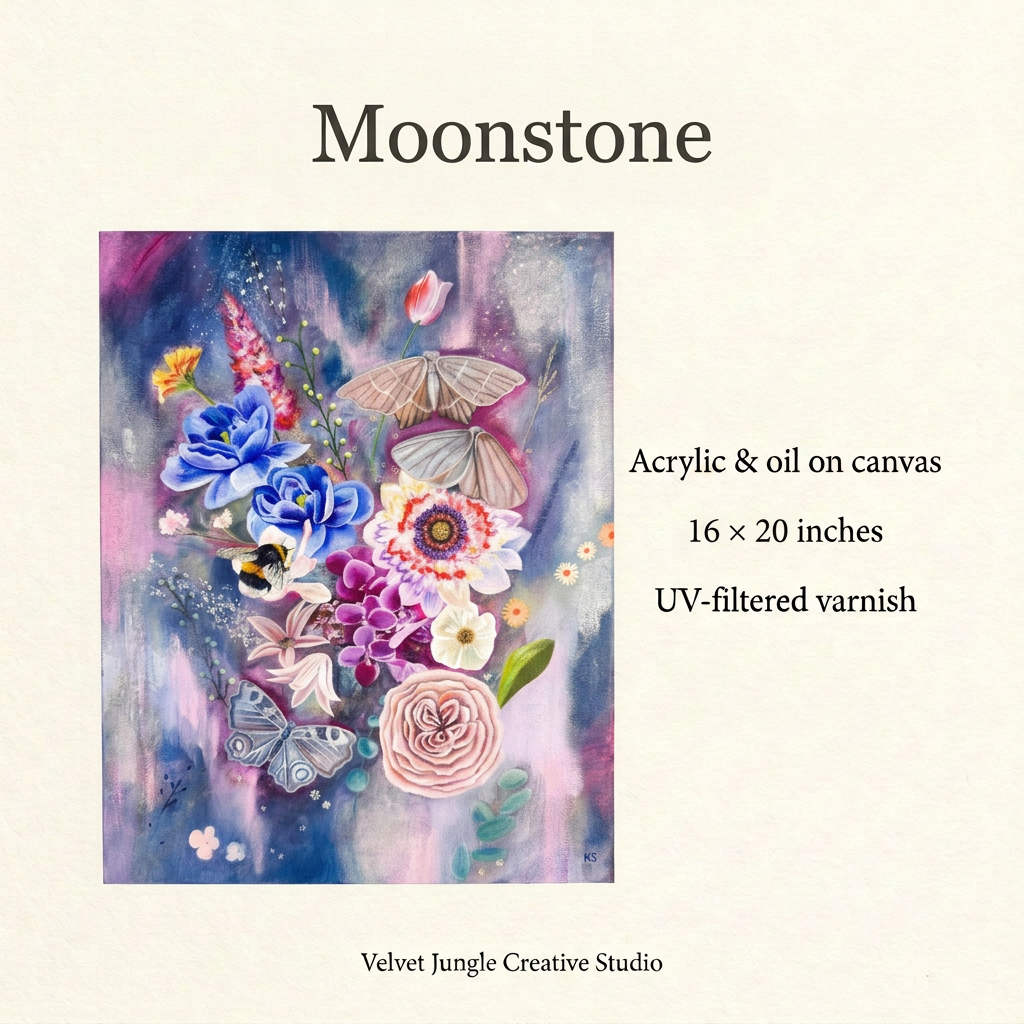 Moonstone details: full floral artwork, acrylic and oil on canvas, 16 × 20 inches, with UV-filtered varnish.