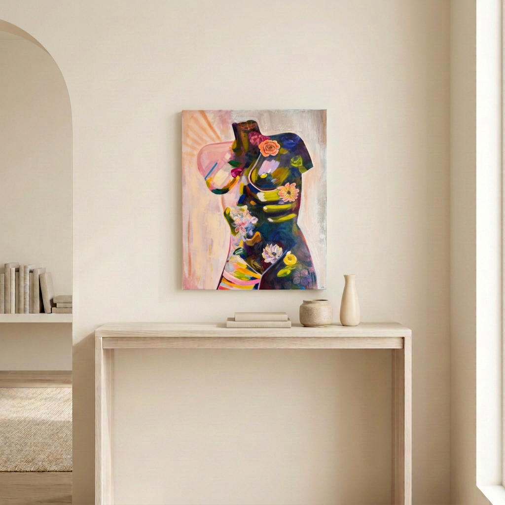Torso Volume 1 floral torso painting displayed unframed above a pale wood console in a warm neutral room.