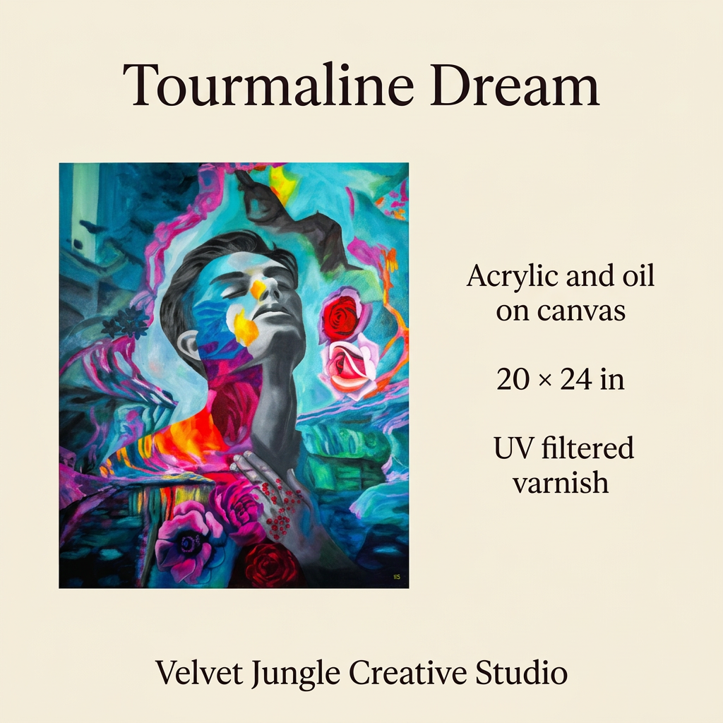 Tourmaline Dream details card with the full artwork on the left and acrylic and oil on canvas, 20 × 24 inch dimensions and UV-filtered varnish on the right.