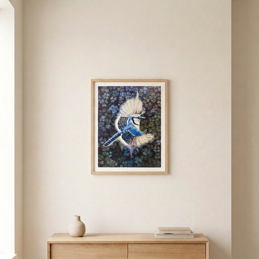 Evening Flight Print in a slim light wood frame with a white border, hanging above a pale wood console in a warm neutral room